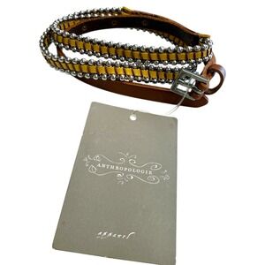 Anthropologie Yellow Leather Studded Skinny Belt Silver Ball Bead Woven Size M